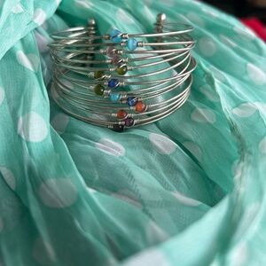 Sterling silver layered bangle tiny stones rainbow of color adjustable size